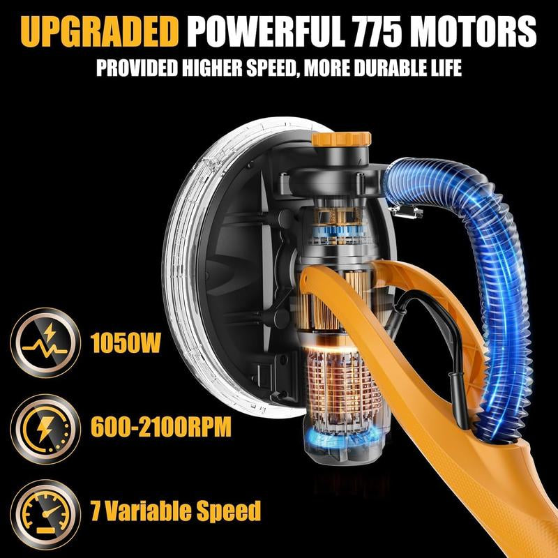 Alloyman Drywall Sander, 1050W Electric Drywall Sander with Vacuum Dust Collection, 2100RPM Wall Sander with 7 Variable Speed, Foldable & Extendable Handle, Double-Deck LED Light, Dust Bag and Hose