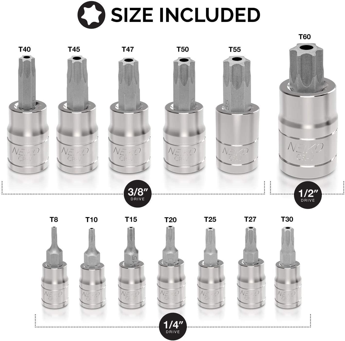 10073A Tamper Proof Torx Bit Socket Set |13-Piece | S2 Steel Bits & Cr-V Steel Sockets | TT8 – TT60