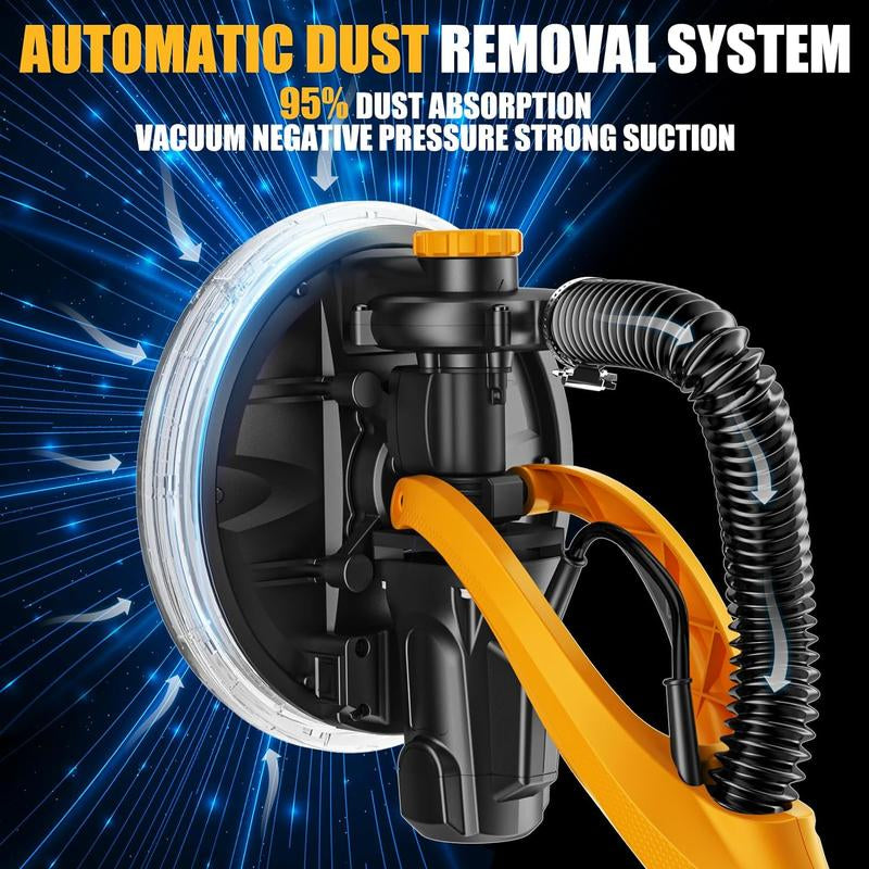 Alloyman Drywall Sander, 1050W Electric Drywall Sander with Vacuum Dust Collection, 2100RPM Wall Sander with 7 Variable Speed, Foldable & Extendable Handle, Double-Deck LED Light, Dust Bag and Hose