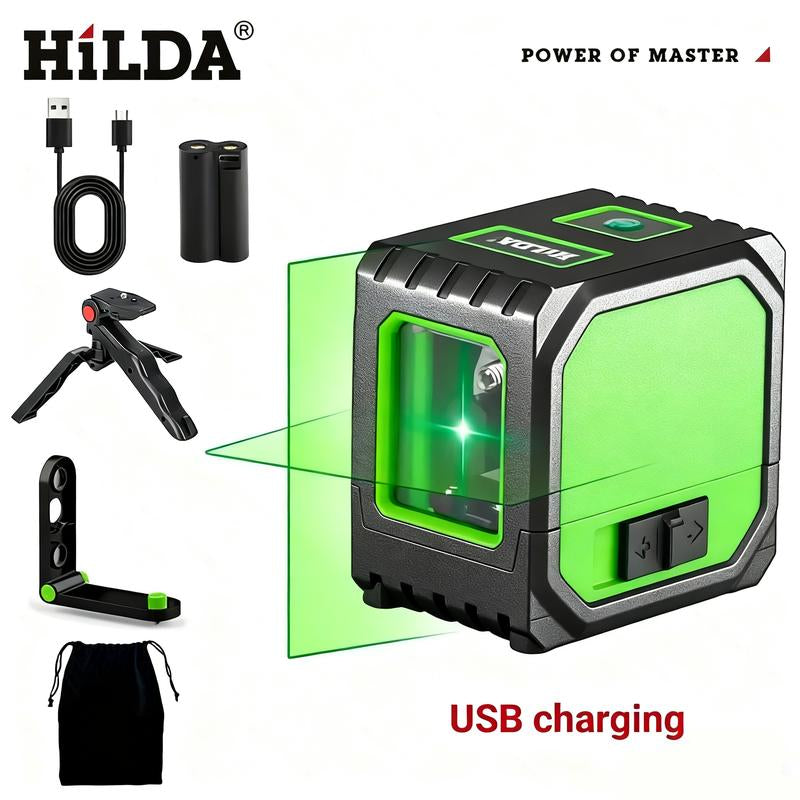 2-Line Mini Portable Laser Level, Auto-Leveling Laser Level with Cross Vertical & Horizontal Green Lines, High Precision, 360° Rotatable Magnetic Bracket, Height-Adjustable Tripod - Easier for Ceiling Work, Rechargeable Lithium Battery