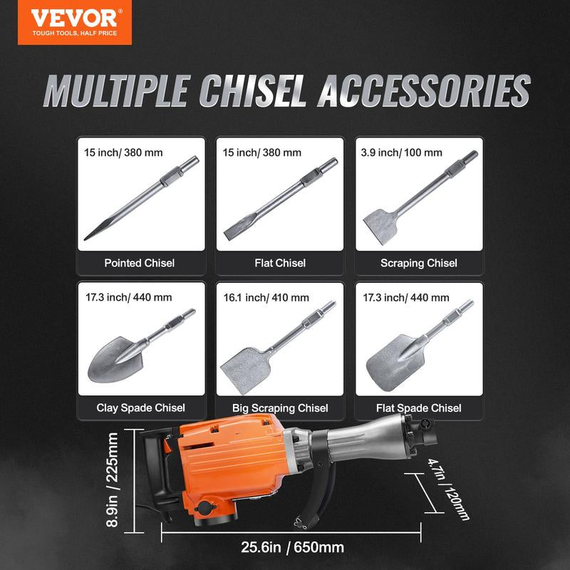 VEVOR Demolition Jack Hammer with 2/4/6 Chisel Bit, 360°C Swiveling Front Handle, Electric Hammer & Gloves for Concrete Breaking VEVOR Super Brand Day