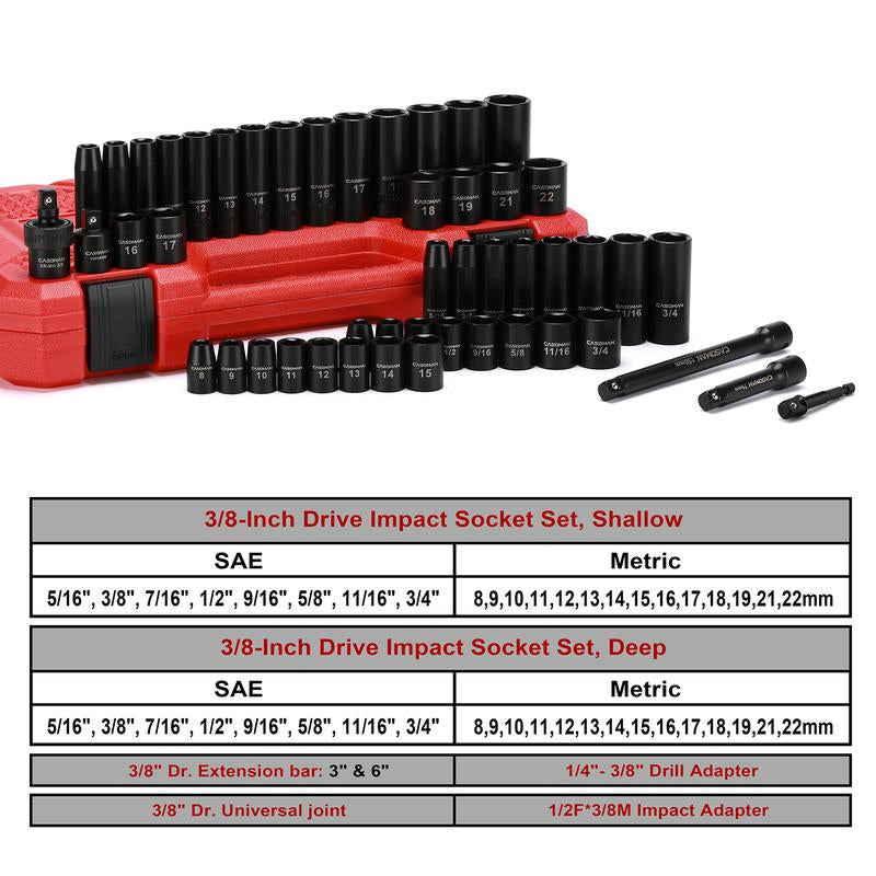 CASOMAN 49-Piece 3/8" Drive Impact Socket Set Sae/Metric 6 Point CR-V Steel Includes Extension Bar Adapter & Universal Joint Tool #Tiktokshopbacktoschool - Hex Wrenches #Tiktokshopfalldealsforyou