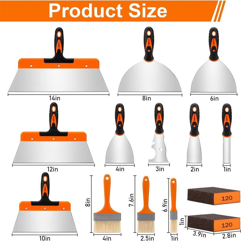 THINKWORK 14Pcs Stainless Steel Paint Scraper Tools, Drywall Knife Set, Putty Knife Set for Removing Wallpaper, Repairing Drywall, Applying Putty