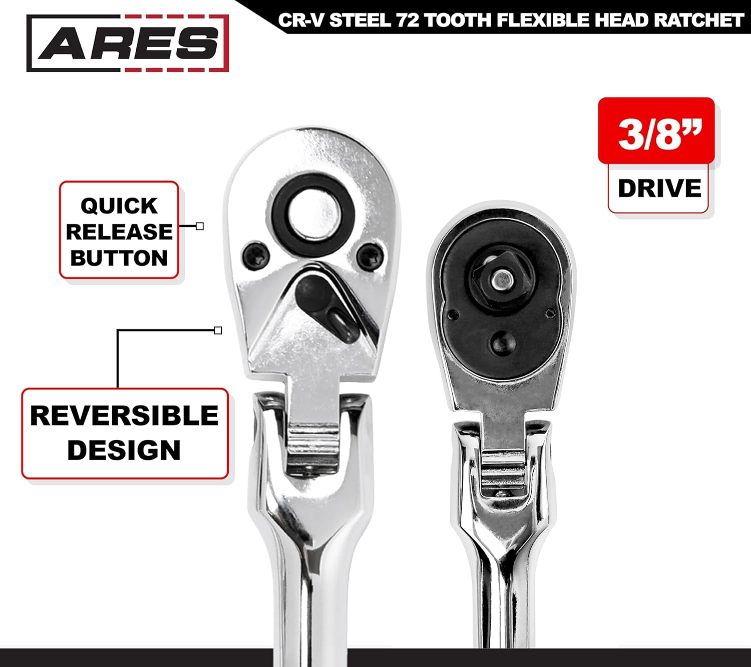 42026 - Flex Head Ratchet - 3/8-Inch Drive 72-Tooth Ratchet - Premium Chrome Vanadium Steel Construction & Chrome Plated Finish - 72-Tooth Quick Release Reversible Design with 5 Degree Swing