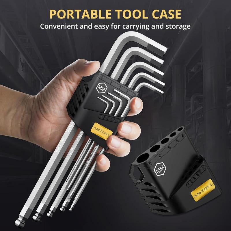 AMTOVL 27-Piece Magnetic Hex Key Set - S2 Steel SAE & Metric Allen Wrenches Set with Ball End Extra-Long T-Handle Design SAE 1/16"-3/8", Metric 1.5-10Mm + TORX T10-T50