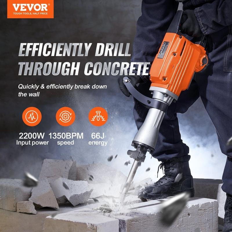 VEVOR Demolition Jack Hammer with 2/4/6 Chisel Bit, 360°C Swiveling Front Handle, Electric Hammer & Gloves for Concrete Breaking VEVOR Super Brand Day