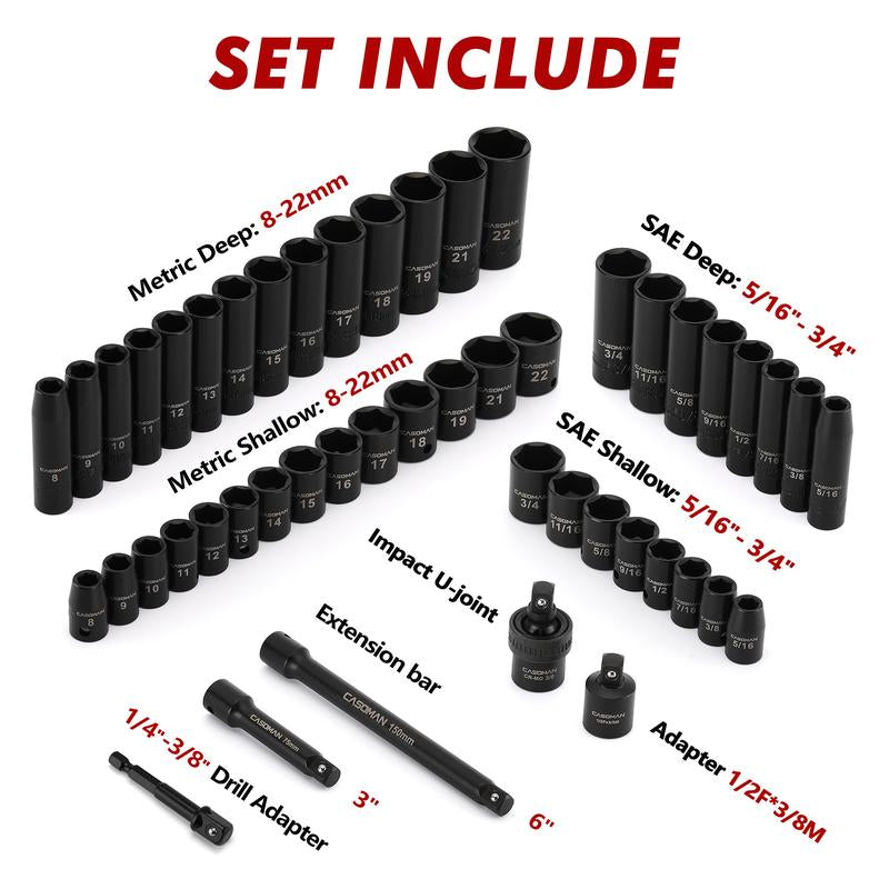 CASOMAN 49-Piece 3/8" Drive Impact Socket Set Sae/Metric 6 Point CR-V Steel Includes Extension Bar Adapter & Universal Joint Tool #Tiktokshopbacktoschool - Hex Wrenches #Tiktokshopfalldealsforyou