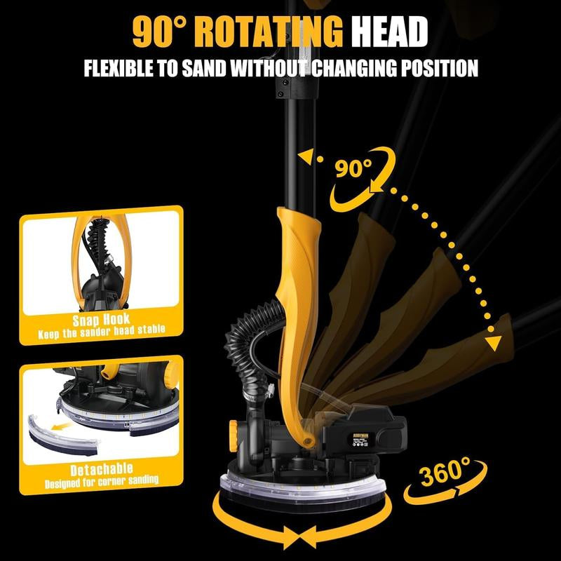 Alloyman Drywall Sander, 1050W Electric Drywall Sander with Vacuum Dust Collection, 2100RPM Wall Sander with 7 Variable Speed, Foldable & Extendable Handle, Double-Deck LED Light, Dust Bag and Hose