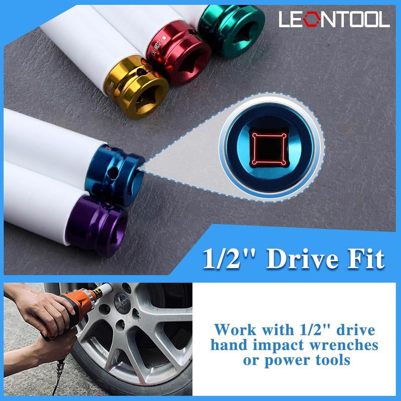 1/2In Impact Drive Lug Nut Socket 5Pcs Set – Non-Marring Impact Lug Nut Socket with Protective Sleeves, Thin-Walled Wheel Rim Protectors Tool 15Mm 17Mm 19Mm 21Mm 22 Mm