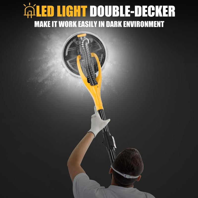 Alloyman Drywall Sander, 1050W Electric Drywall Sander with Vacuum Dust Collection, 2100RPM Wall Sander with 7 Variable Speed, Foldable & Extendable Handle, Double-Deck LED Light, Dust Bag and Hose