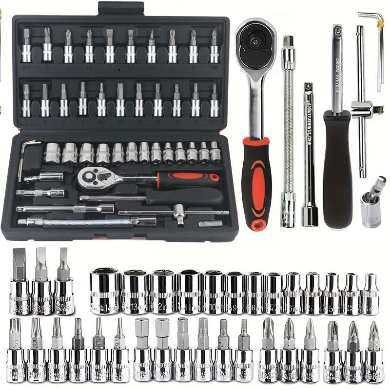 46/53 Pieces 1/4 Inch Drive Socket Ratchet Wrench Set, with Bit Socket Set Metric and Extension Bar for Auto Repairing and Household with Storage Case