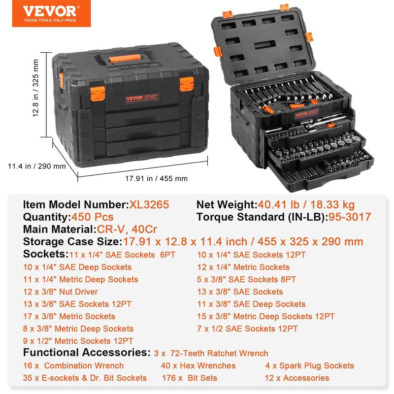 VEVOR Mechanics Tool Set and Socket Set, 1/4" 3/8" 1/2" Sockets, 145/205/450 Pcs SAE & Metric Tools, Storage Case, Accessories Included VEVOR Super Brand Day