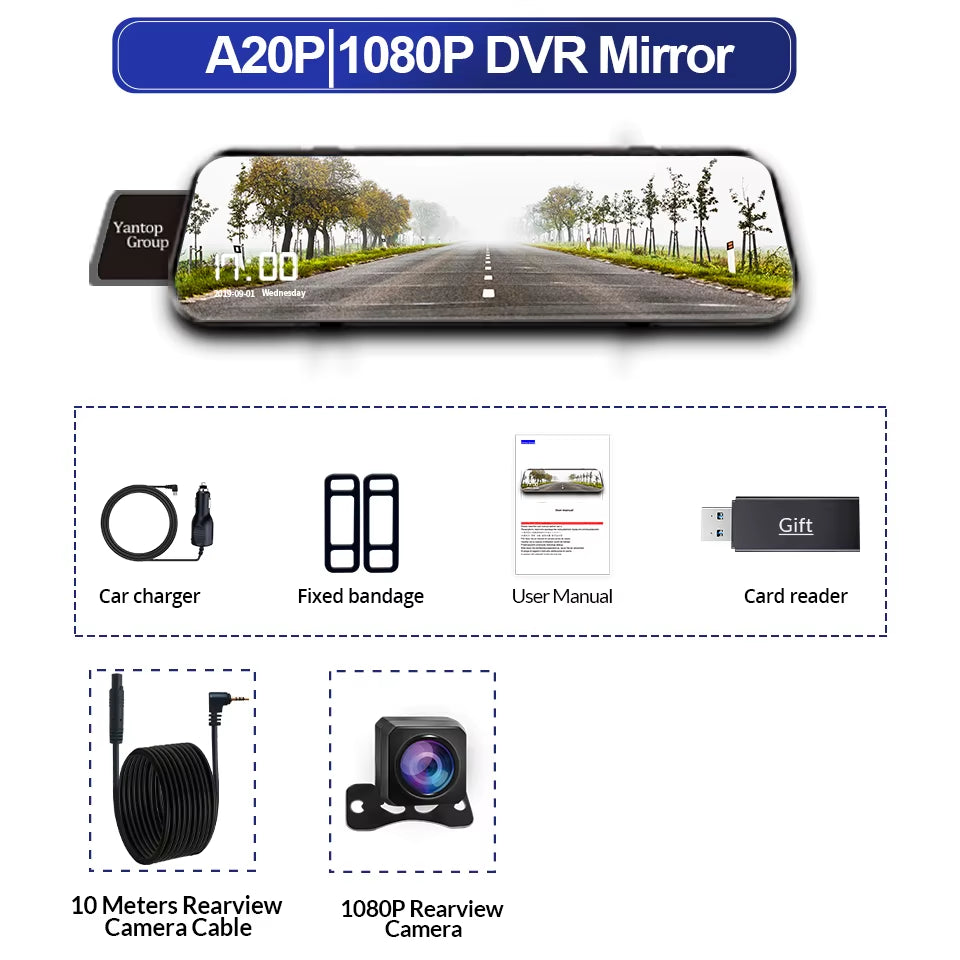 10 Inch Car DVR Car Touch Screen Video Recorder Dual 1080P Rearview Mirror Front and Rear HD Night Vision Camera Mirror