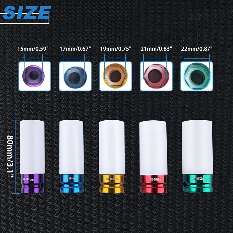 1/2In Impact Drive Lug Nut Socket 5Pcs Set – Non-Marring Impact Lug Nut Socket with Protective Sleeves, Thin-Walled Wheel Rim Protectors Tool 15Mm 17Mm 19Mm 21Mm 22 Mm