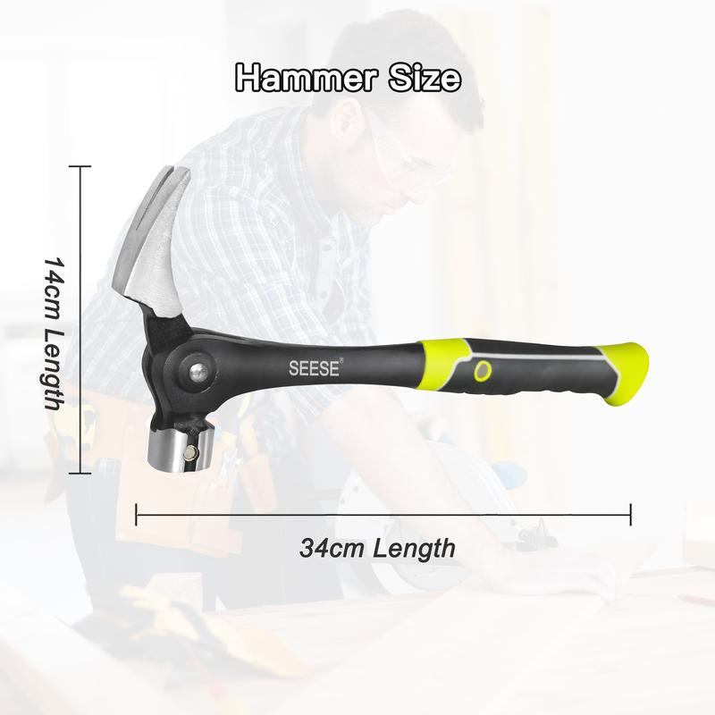 SEESE 16Oz Claw Hammer with Magnetic Nail Starter,Indexing Rip Claw,Forged Steel Head,Shock-Absorbing TPR Grip,Heavy Duty Framing & DIY Tool