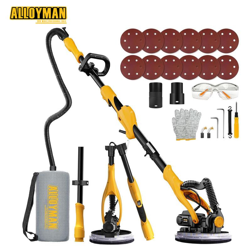 Alloyman Drywall Sander, 1050W Electric Drywall Sander with Vacuum Dust Collection, 2100RPM Wall Sander with 7 Variable Speed, Foldable & Extendable Handle, Double-Deck LED Light, Dust Bag and Hose