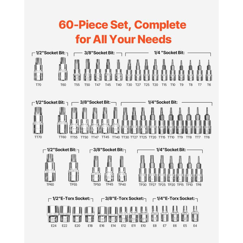 VEVOR Torx Bit Socket and External Torx Socket Set 60-Piece S2 Alloy Steel Cr-V Steel