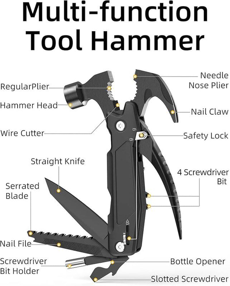 14-In-1 Multitool Hammer, Multitool with DIY Stickers, Safety Lock, Screwdriver Bits Set and Durable Nylon Sheath, Multi Tool for Outdoor, Ideal Gifts for Father, Husband, Boyfriend,Camping Essentials Mens Gift for Him, Birthday Gift Idea,Mini Multi Tool