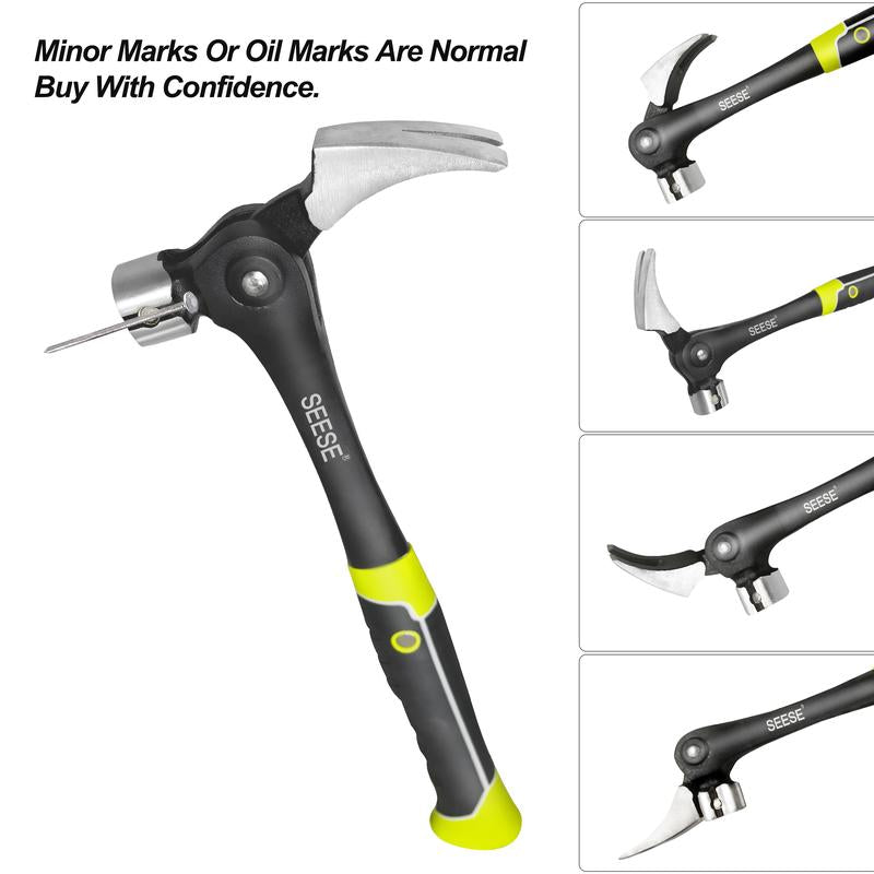 SEESE 16Oz Claw Hammer with Magnetic Nail Starter,Indexing Rip Claw,Forged Steel Head,Shock-Absorbing TPR Grip,Heavy Duty Framing & DIY Tool