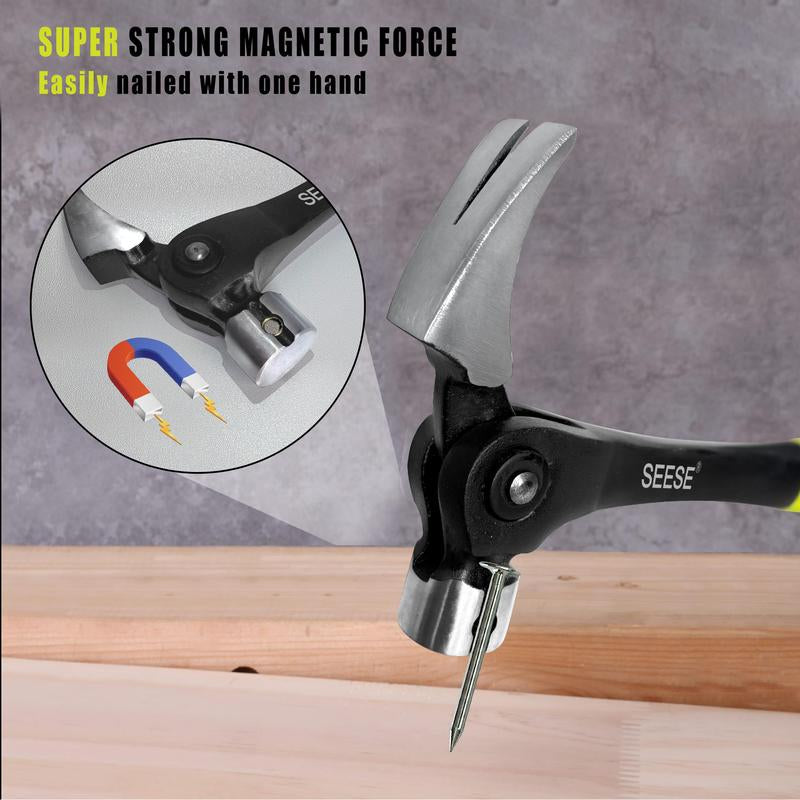SEESE 16Oz Claw Hammer with Magnetic Nail Starter,Indexing Rip Claw,Forged Steel Head,Shock-Absorbing TPR Grip,Heavy Duty Framing & DIY Tool