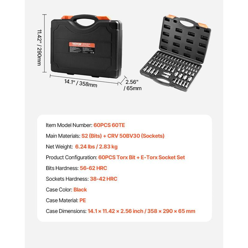 VEVOR Torx Bit Socket and External Torx Socket Set 60-Piece S2 Alloy Steel Cr-V Steel