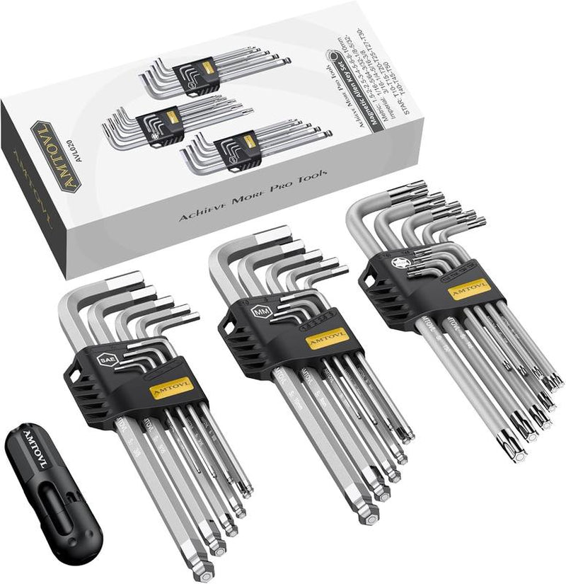 AMTOVL 27-Piece Magnetic Hex Key Set - S2 Steel SAE & Metric Allen Wrenches Set with Ball End Extra-Long T-Handle Design SAE 1/16"-3/8", Metric 1.5-10Mm + TORX T10-T50