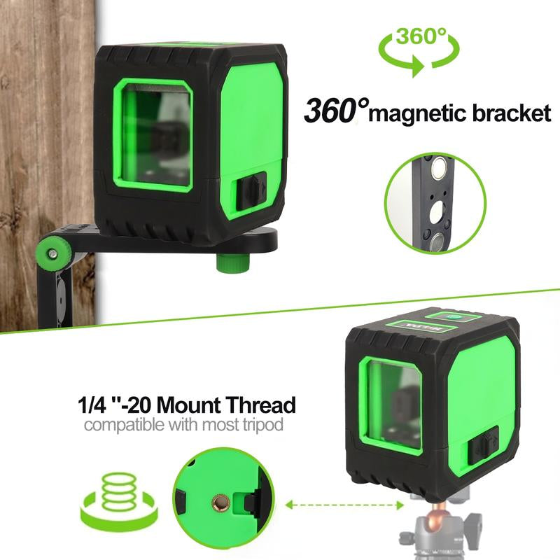 2-Line Mini Portable Laser Level, Auto-Leveling Laser Level with Cross Vertical & Horizontal Green Lines, High Precision, 360° Rotatable Magnetic Bracket, Height-Adjustable Tripod - Easier for Ceiling Work, Rechargeable Lithium Battery