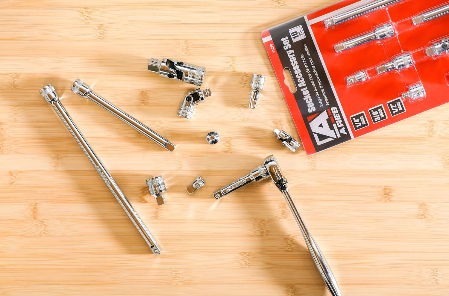 71270-10-Piece Socket Accessory Set - Premium Chrome Vanadium Steel with Mirror Finish - Includes Socket Adapters, Extensions and Universal Joints