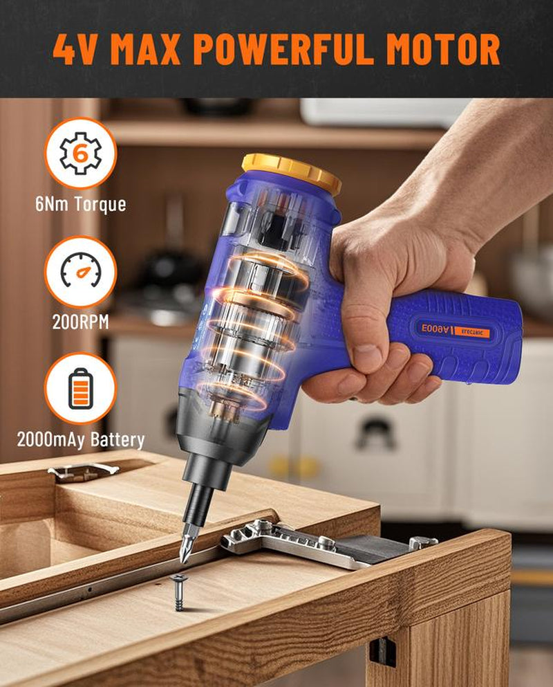 DOVAMAN 4V Electric Screwdriver, Built-In Bit Storage, Type-C Fast Charge, LED, 6NM Protable Cordless Screwdriver W/7 Bits ＆ Storage Box, Ideal for DIY Projects Tool