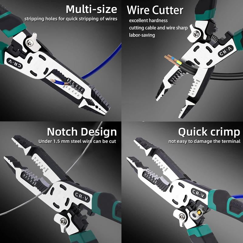 1/2Pcs 10-In-1 Wire Stripper Pliers, Cable Cutters, 9" Multifunctional Combination Plier with Wire Stripper Crimper Cutter, Screw Gripping Pliers Hand Tool for Electrical Engineer Spring Loaded Home