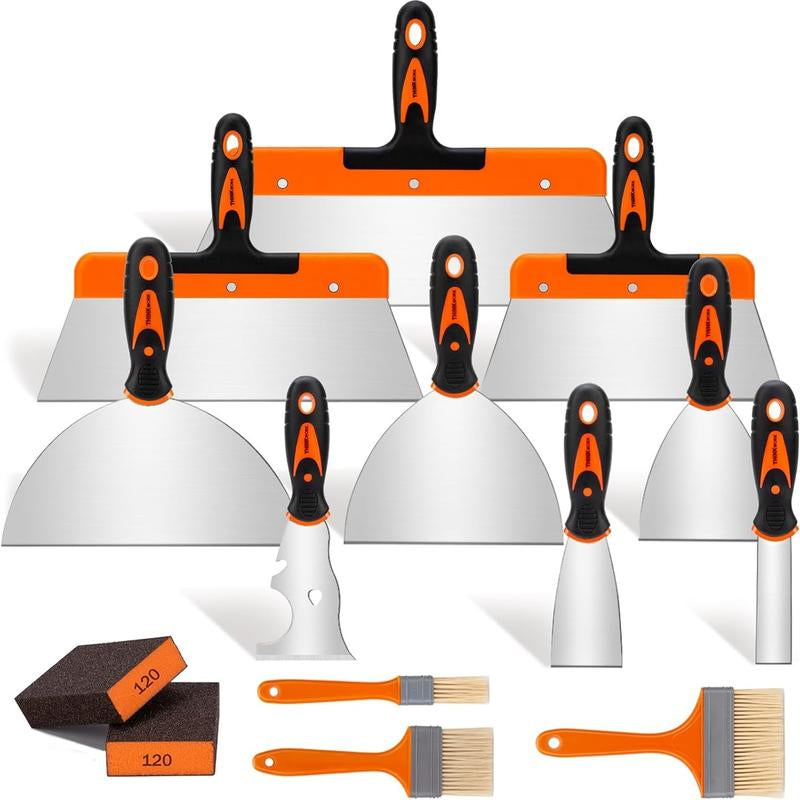 THINKWORK 14Pcs Stainless Steel Paint Scraper Tools, Drywall Knife Set, Putty Knife Set for Removing Wallpaper, Repairing Drywall, Applying Putty