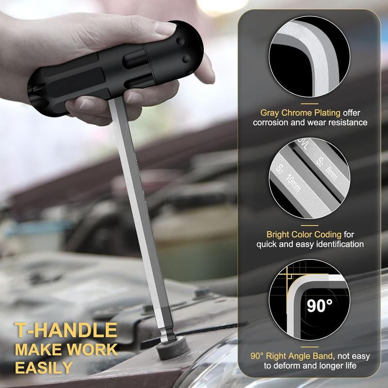 AMTOVL 27-Piece Magnetic Hex Key Set - S2 Steel SAE & Metric Allen Wrenches Set with Ball End Extra-Long T-Handle Design SAE 1/16"-3/8", Metric 1.5-10Mm + TORX T10-T50