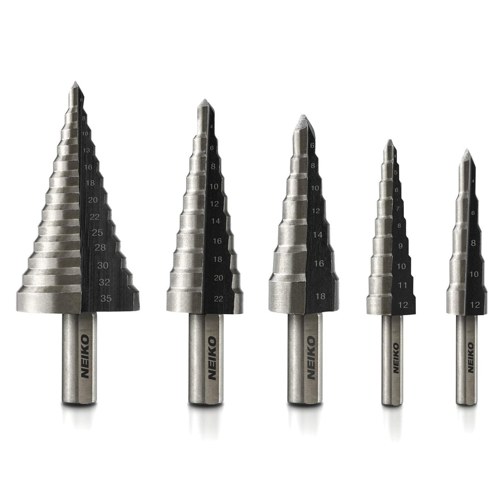 10198A Step Drill Bit Set | 5 Piece, 4Mm- 35Mm | Metric Titanium High Speed Steel Unibit, Stepper Cone Drill Bit | Two Flute Step down Bits, 135 Degree Point