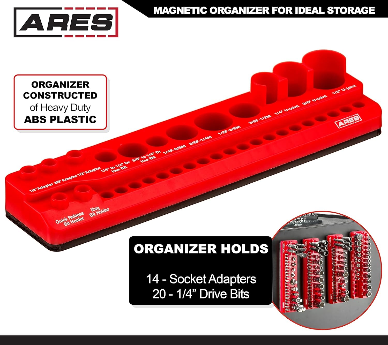 70750-34-Piece Magnetic Tool Accessory Holder - Powerful Magnets Hold Socket Adapters, Universal Joints, Bit Holders, and Bits