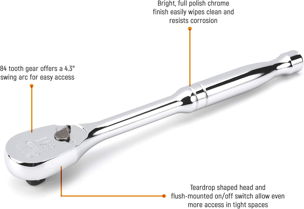 3 Piece 1/4", 3/8" & 1/2" Drive 84 Tooth Full Polish Teardrop Ratchet Set - 81206A-07