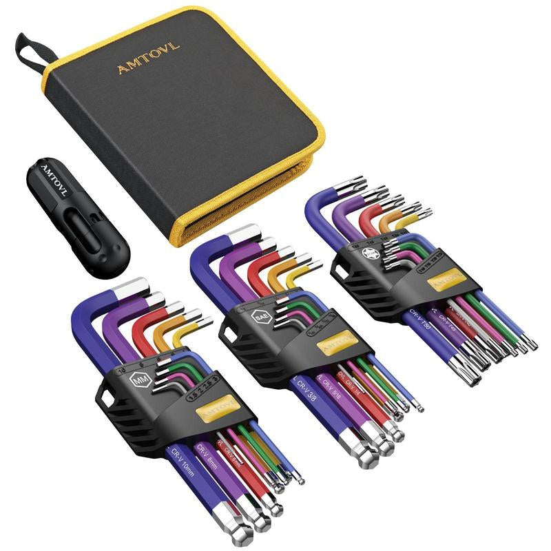 AMTOVL 27-Piece Magnetic Hex Key Set - S2 Steel SAE & Metric Allen Wrenches Set with Ball End Extra-Long T-Handle Design SAE 1/16"-3/8", Metric 1.5-10Mm + TORX T10-T50