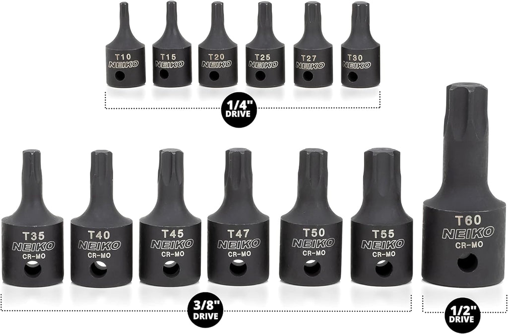 10281B Impact Torx Bit Socket Set, 1/4", 3/8" and 1/2" Drive, 6 Point Star Sockets, Heavy Duty Impact Grade Cr-Mo, T10 to T60 High Impact, Professional Grade Auto & Motorcycle Mechanic Socket