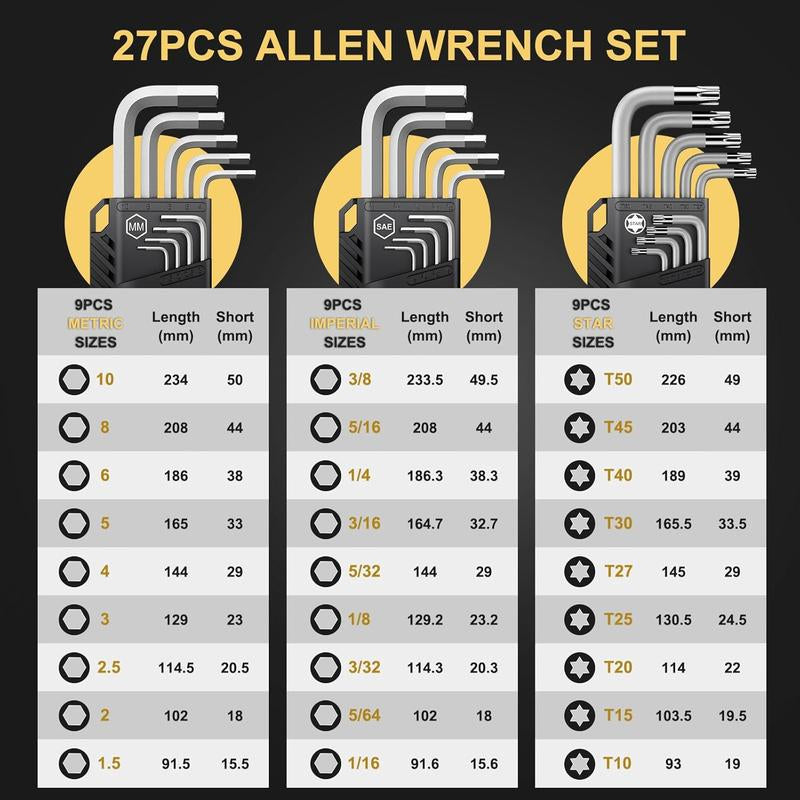 AMTOVL 27-Piece Magnetic Hex Key Set - S2 Steel SAE & Metric Allen Wrenches Set with Ball End Extra-Long T-Handle Design SAE 1/16"-3/8", Metric 1.5-10Mm + TORX T10-T50