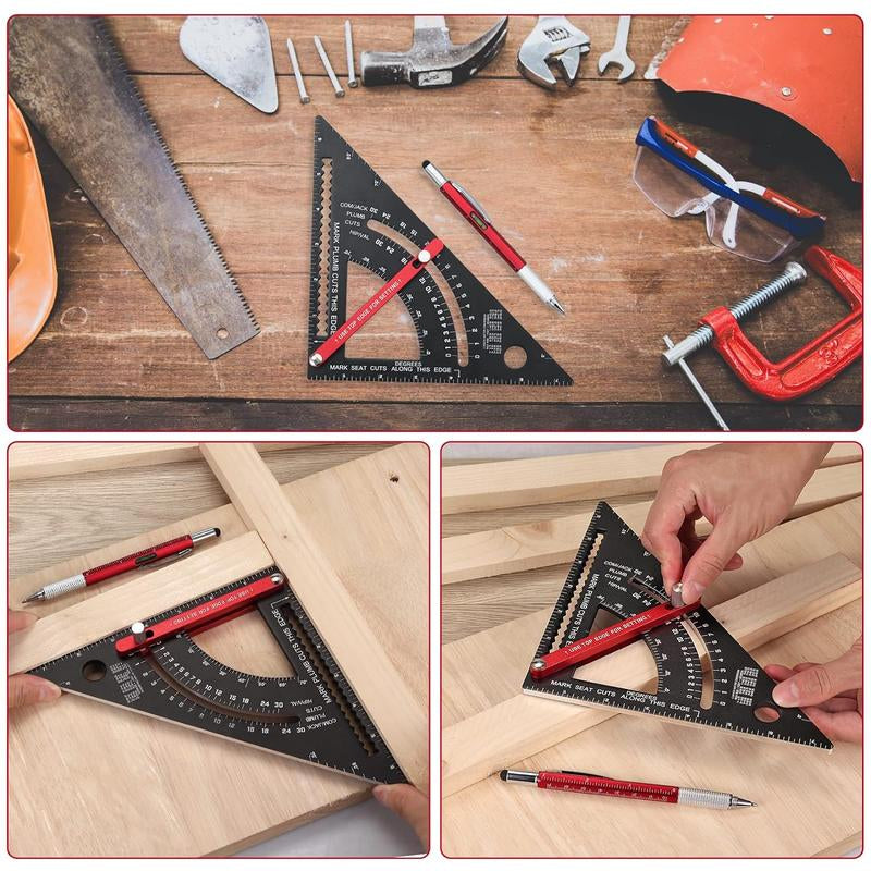 7 Inch Carpenter Square Rafter Square Woodworking Square Tool Aluminium Adjustable Combination Metal Carpentry Triangle Ruler with Marking Pen