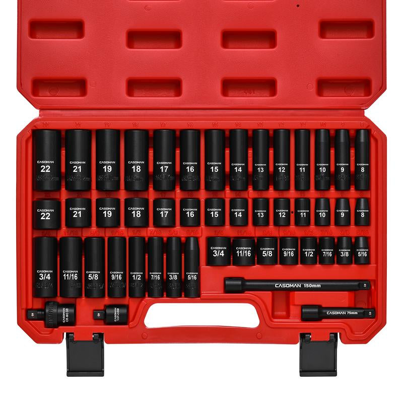 CASOMAN 49-Piece 3/8" Drive Impact Socket Set Sae/Metric 6 Point CR-V Steel Includes Extension Bar Adapter & Universal Joint Tool #Tiktokshopbacktoschool - Hex Wrenches #Tiktokshopfalldealsforyou