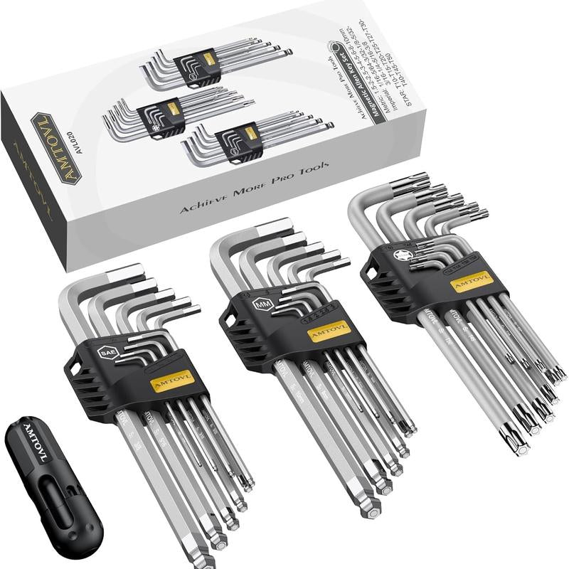 AMTOVL 27-Piece Magnetic Hex Key Set - S2 Steel SAE & Metric Allen Wrenches Set with Ball End Extra-Long T-Handle Design SAE 1/16"-3/8", Metric 1.5-10Mm + TORX T10-T50