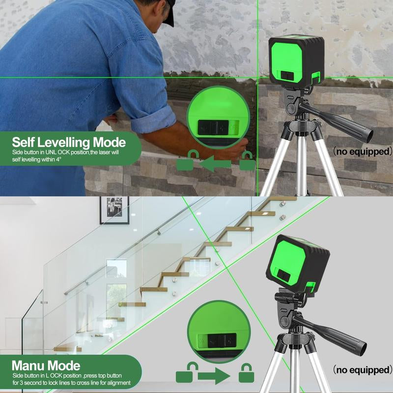 2-Line Mini Portable Laser Level, Auto-Leveling Laser Level with Cross Vertical & Horizontal Green Lines, High Precision, 360° Rotatable Magnetic Bracket, Height-Adjustable Tripod - Easier for Ceiling Work, Rechargeable Lithium Battery