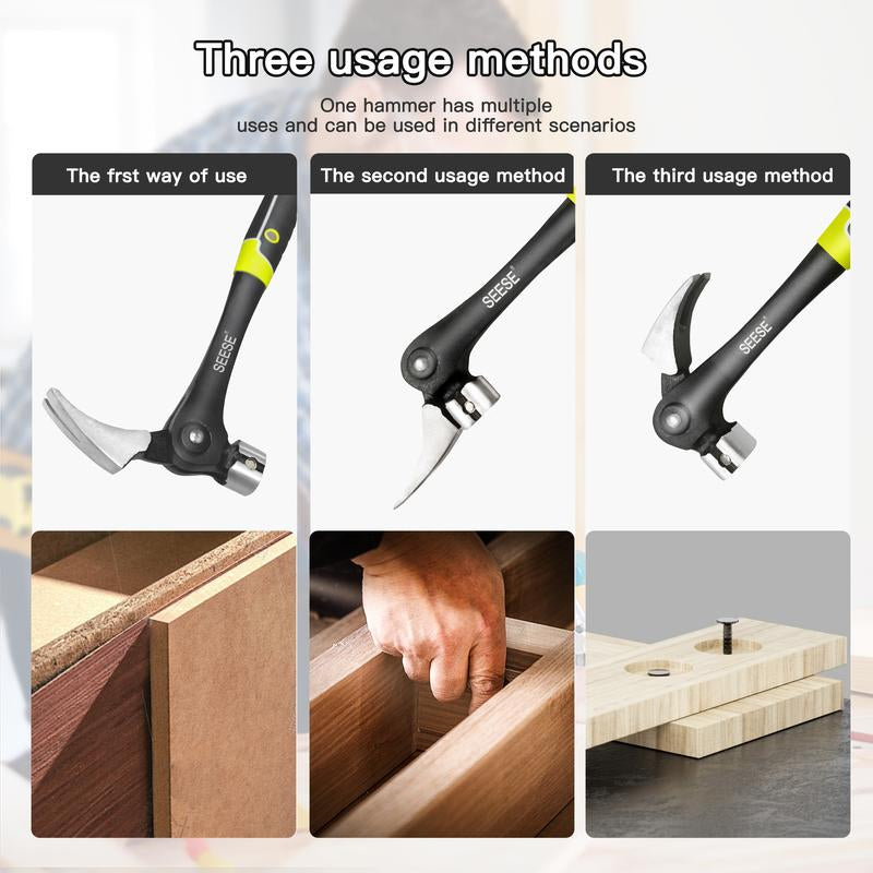 SEESE 16Oz Claw Hammer with Magnetic Nail Starter,Indexing Rip Claw,Forged Steel Head,Shock-Absorbing TPR Grip,Heavy Duty Framing & DIY Tool